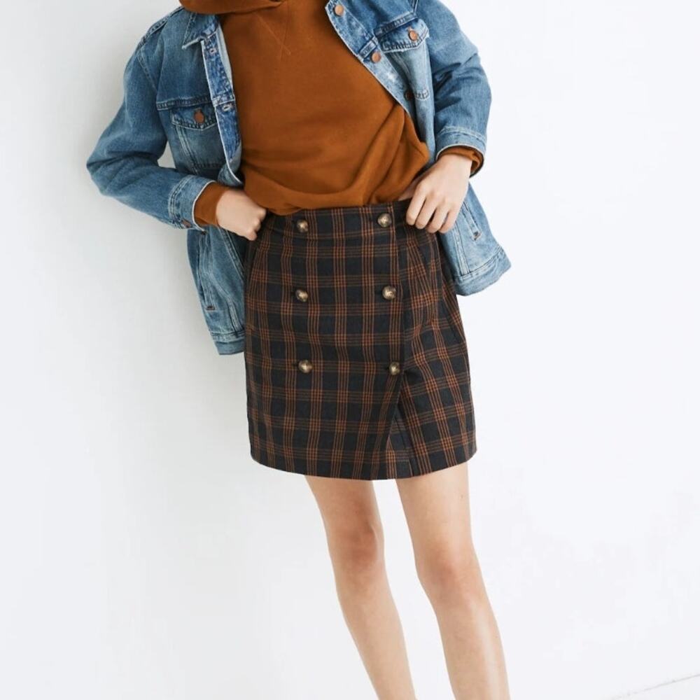 Madewell Plaid Double‎ Breasted Mini Skirt Navy Blue Elastic Waist Preppy Small